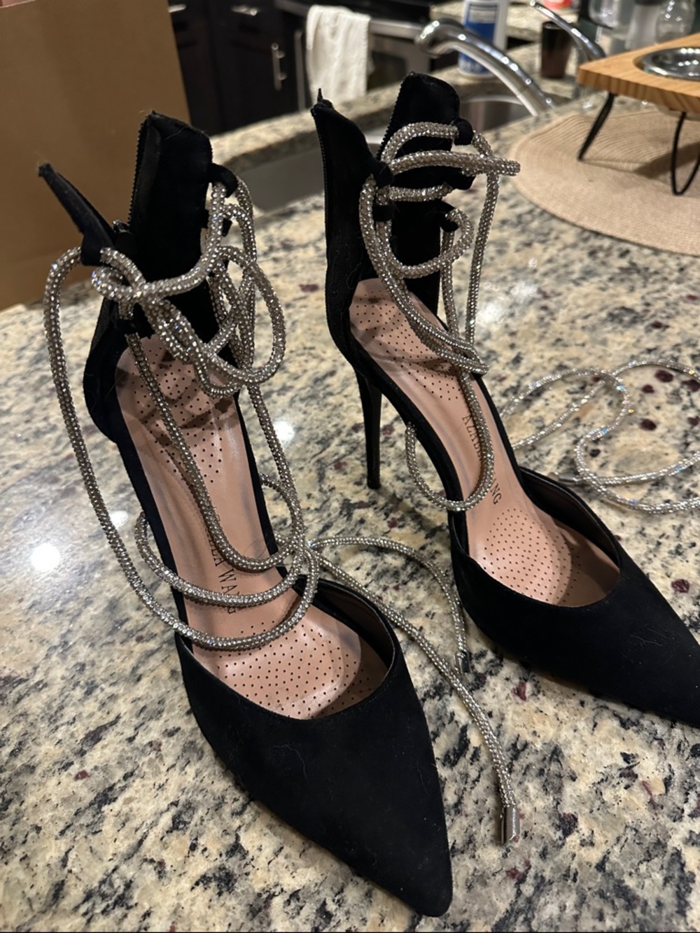 Black High Heel Pointed-Toe Ankle Wrap Pumps with Rhinestone Cords